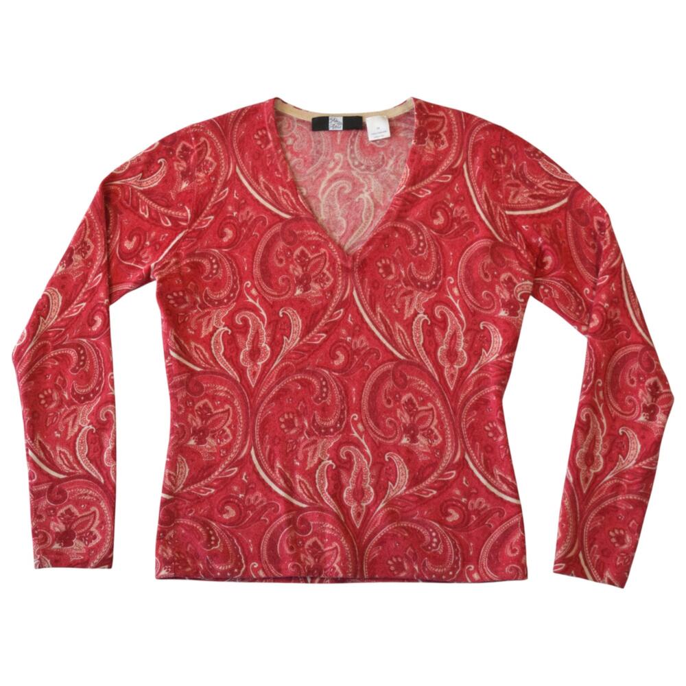 Saks Fifth Avenue Red Paisley 100% Cashmere V-Neck Sweater Medium
